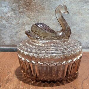 Vintage Cut Panel Glass Swan Lid Covered Powder Dish Trinket Box Vanity Jar